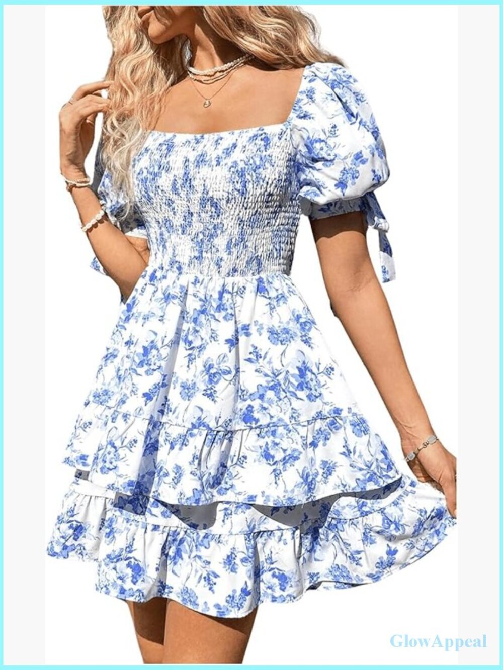 Floral Print Puff Sleeve Square Neck Tiered Shirred Dress